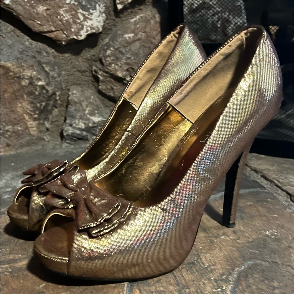 VLV Gold Metallic Pinup Rockabily High Heel Open Toe 5” Stiletto Shoes Bow 8.5